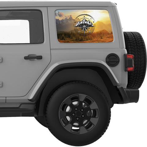 BLACK AND WHITE COMPASS MOUNTAINS LANDSCAPE QUARTER WINDOW DECAL FITS 2018+ JEEP WRANGLER 4 DOOR HARD TOP JLU
