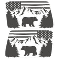 AMERICAN FLAG WITH MOUNTAINS TREES AND BEAR QUARTER WINDOW DRIVER & PASSENGER DECALS