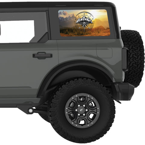 BLACK AND WHITE COMPASS MOUNTAINS LANDSCAPE QUARTER WINDOW DECAL FITS 2021+ FORD BRONCO 4 DOOR HARD TOP