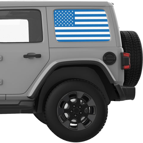 BLUE AND WHITE AMERICAN FLAG QUARTER WINDOW DECAL FITS 2018+ JEEP WRANGLER 4 DOOR HARD TOP JLU