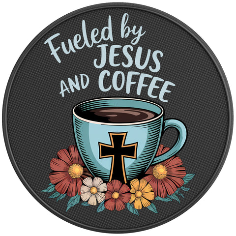 FUELED BY JESUS AND COFFEE PEARL  WHITE CARBON FIBER TIRE COVER