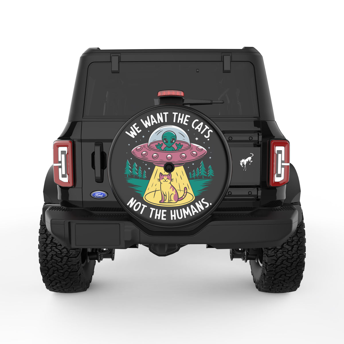 Alien Riding Bronco Funny Alien Abducting Cat Tire Cover For Ford Bronco| Four Wheel Covers