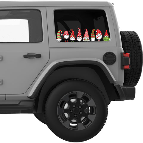 GNOMES MERRY CHRISTMAS QUARTER WINDOW DECAL FITS 2018+ JEEP WRANGLER 4 DOOR HARD TOP JLU
