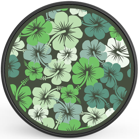 GREEN HIBISCUS FLOWERS BLACK CARBON FIBER TIRE COVER