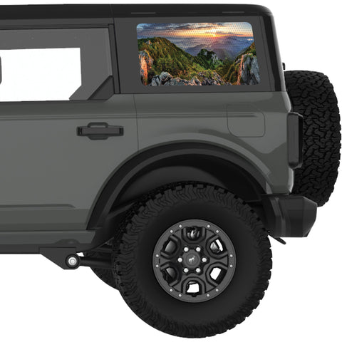 GREEN ROCKY PEAKS MOUNTAINS LANDSCAPE QUARTER WINDOW DECAL FITS 2021+ FORD BRONCO 4 DOOR HARD TOP