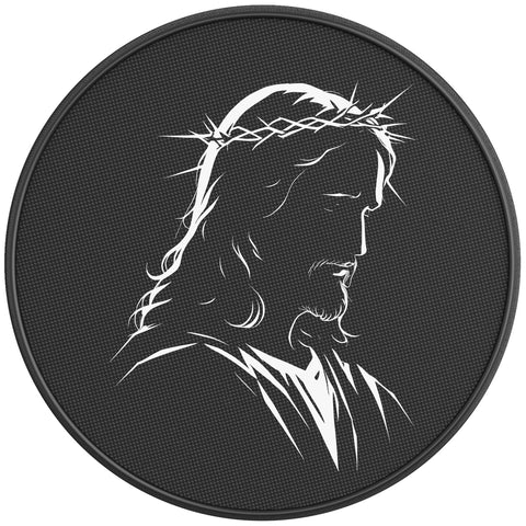 JESUS WITH CROWN THORNS PEARL  WHITE CARBON FIBER TIRE COVER