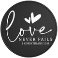 LOVE NEVER FAILS BLACK TIRE COVER