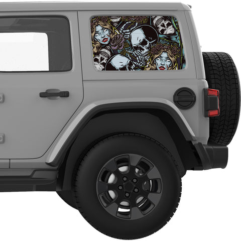 SKULLS AND ROSES QUARTER WINDOW DECAL FITS 2018+ JEEP WRANGLER 4 DOOR HARD TOP JLU