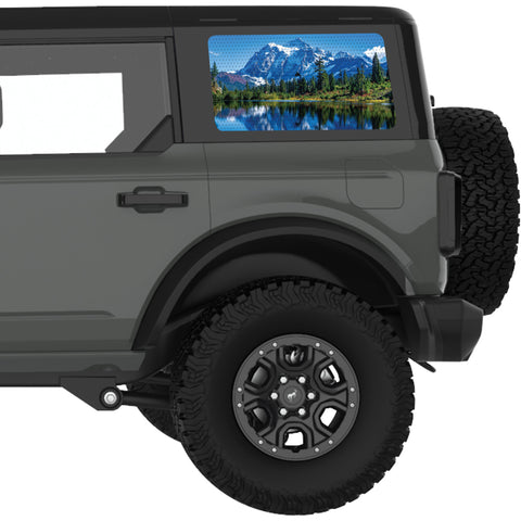 SNOWY PEAKS REFLECTION MOUNTAINS LANDSCAPE QUARTER WINDOW DECAL FITS 2021+ FORD BRONCO 4 DOOR HARD TOP
