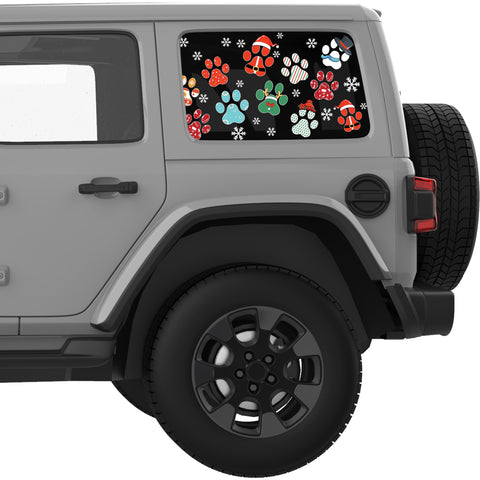 SNOW FALLING CHRISTMAS DOG PAWS QUARTER WINDOW DECAL FITS 2018+ JEEP WRANGLER 4 DOOR HARD TOP JLU