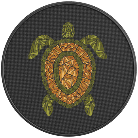 STYLIZED GREEN AND BROWN TURTLE BLACK CARBON FIBER TIRE COVER