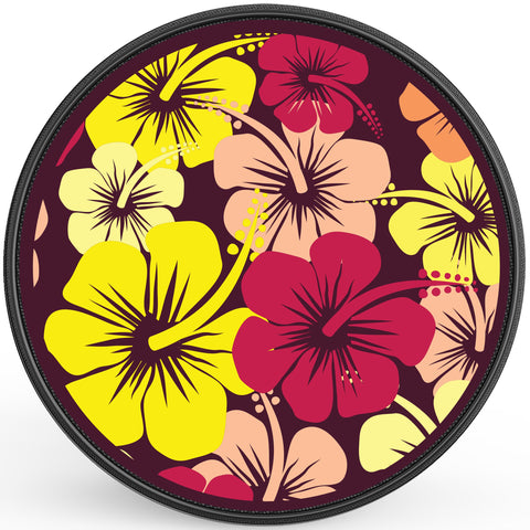 YELLOW AND PINK HIBISCUS FLOWERS BLACK CARBON FIBER TIRE COVER