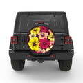 YELLOW AND PINK HIBISCUS FLOWERS PEARL  WHITE CARBON FIBER TIRE COVER
