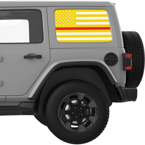 YELLOW WHITE WITH RED LINE AMERICAN FLAG QUARTER WINDOW DECAL FITS 2018+ JEEP WRANGLER 4 DOOR HARD TOP JLU