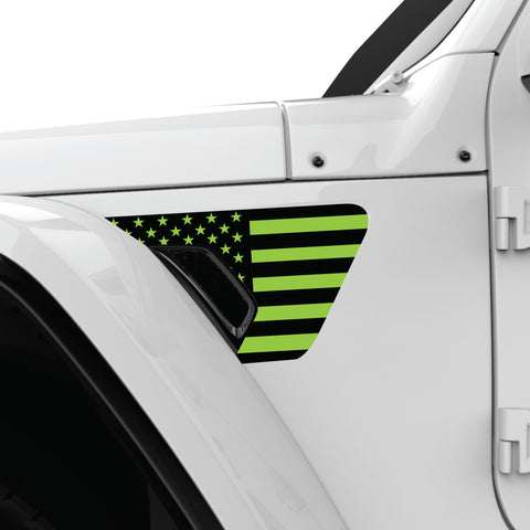BLACK AND GREEN US FLAG FENDER VENT DECAL FITS 2018+ JEEP WRANGLER & GLADIATOR DRIVER SIDE