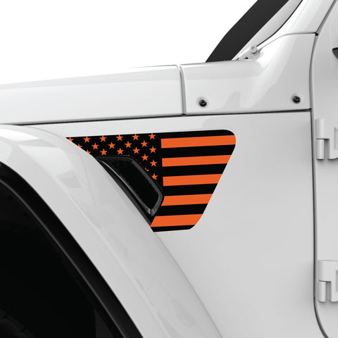 BLACK AND ORANGE US FLAG FENDER VENT DECAL FITS 2018+ JEEP WRANGLER & GLADIATOR DRIVER SIDE