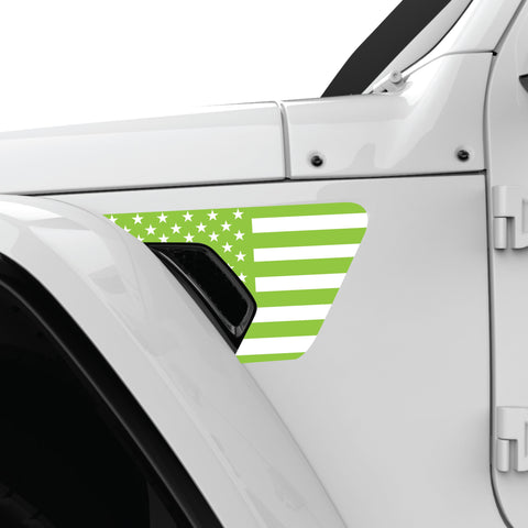 GREEN AND WHITE US FLAG FENDER VENT DECAL FITS 2018+ JEEP WRANGLER & GLADIATOR DRIVER SIDE