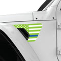 GREEN WHITE WITH BLUE LINE US FLAG FENDER VENT DECAL FITS 2018+ JEEP WRANGLER & GLADIATOR DRIVER SIDE