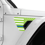 GREEN WHITE WITH BLUE LINE US FLAG FENDER VENT DECAL FITS 2018+ JEEP WRANGLER & GLADIATOR PASSENGER SIDE