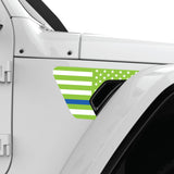 GREEN WHITE WITH BLUE LINE US FLAG FENDER VENT DECAL FITS 2018+ JEEP WRANGLER & GLADIATOR PASSENGER SIDE