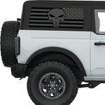 TRANSPARENT AMERICAN FLAG PUNISHER SKULL QUARTER WINDOW DECAL FITS 2021+ FORD BRONCO 2 DOOR HARD TOP