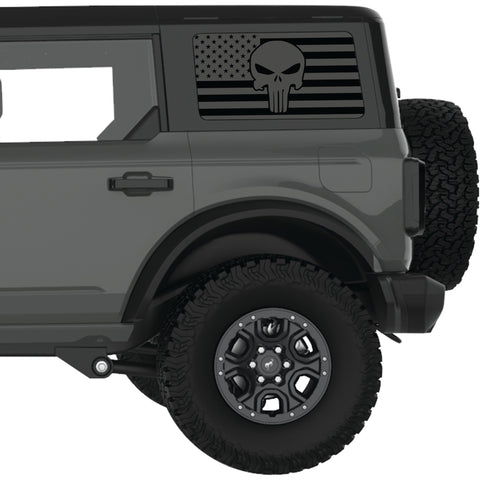 TRANSPARENT AMERICAN FLAG PUNISHER SKULL QUARTER WINDOW DECAL FITS 2021+ FORD BRONCO 4 DOOR HARD TOP