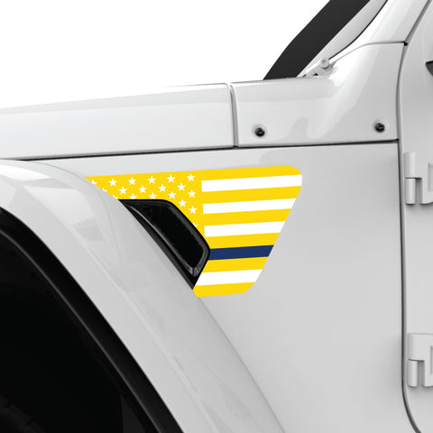 YELLOW WHITE WITH BLUE LINE US FLAG FENDER VENT DECAL FITS 2018+ JEEP WRANGLER & GLADIATOR DRIVER SIDE
