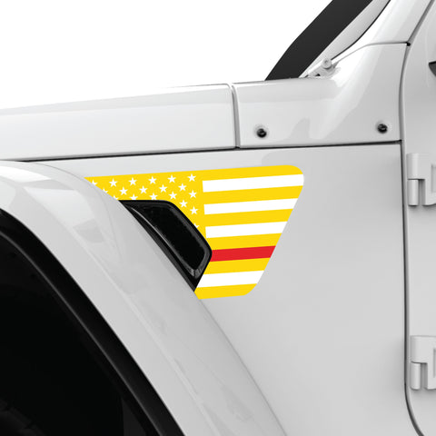 YELLOW WHITE WITH RED LINE US FLAG FENDER VENT DECAL FITS 2018+ JEEP WRANGLER & GLADIATOR DRIVER SIDE